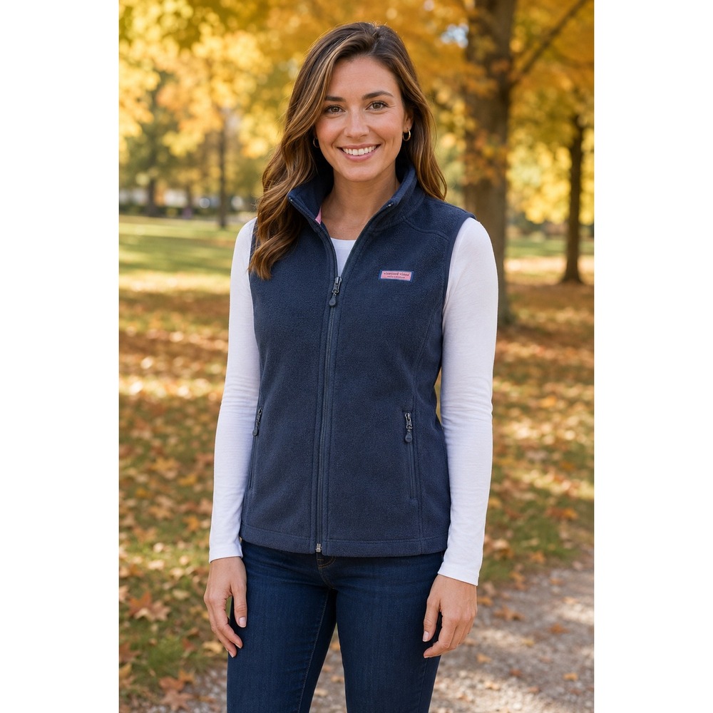 Vineyard Vines Womens Navy Blue Fleece Full Zip Mock Neck Vest Size M